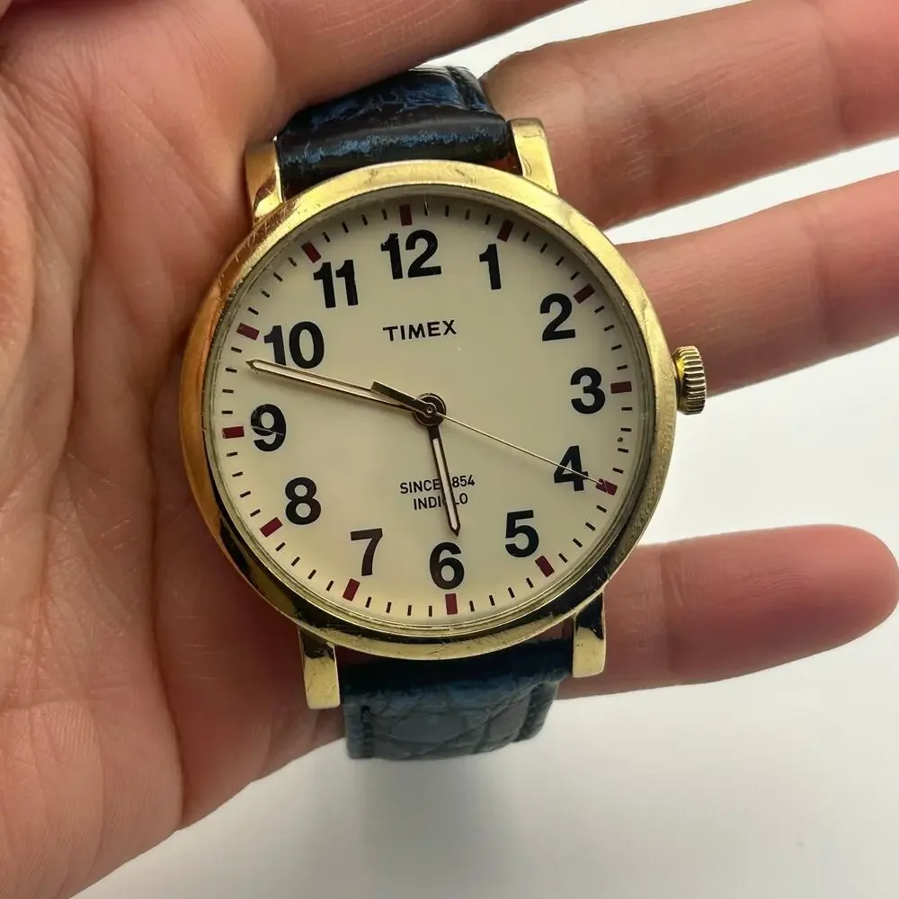 Timex Men's Gold Case Watch with Blue Leather Strap and White Dial
